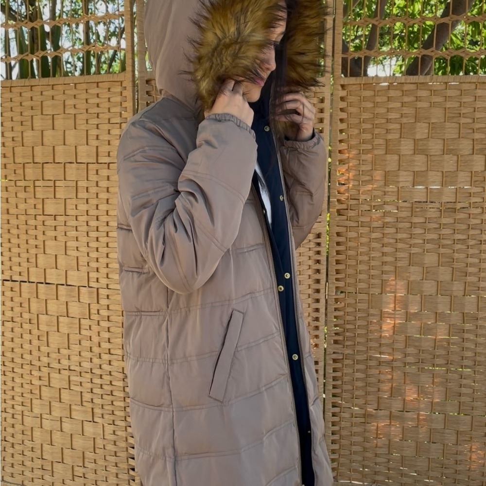 Reversible Puffer Coat with Faux Fur Trim